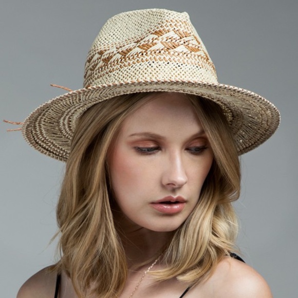 SOLD OUT Handmade Natural & Brown Woven Crisscross Panama Hat - Picture 2 of 5